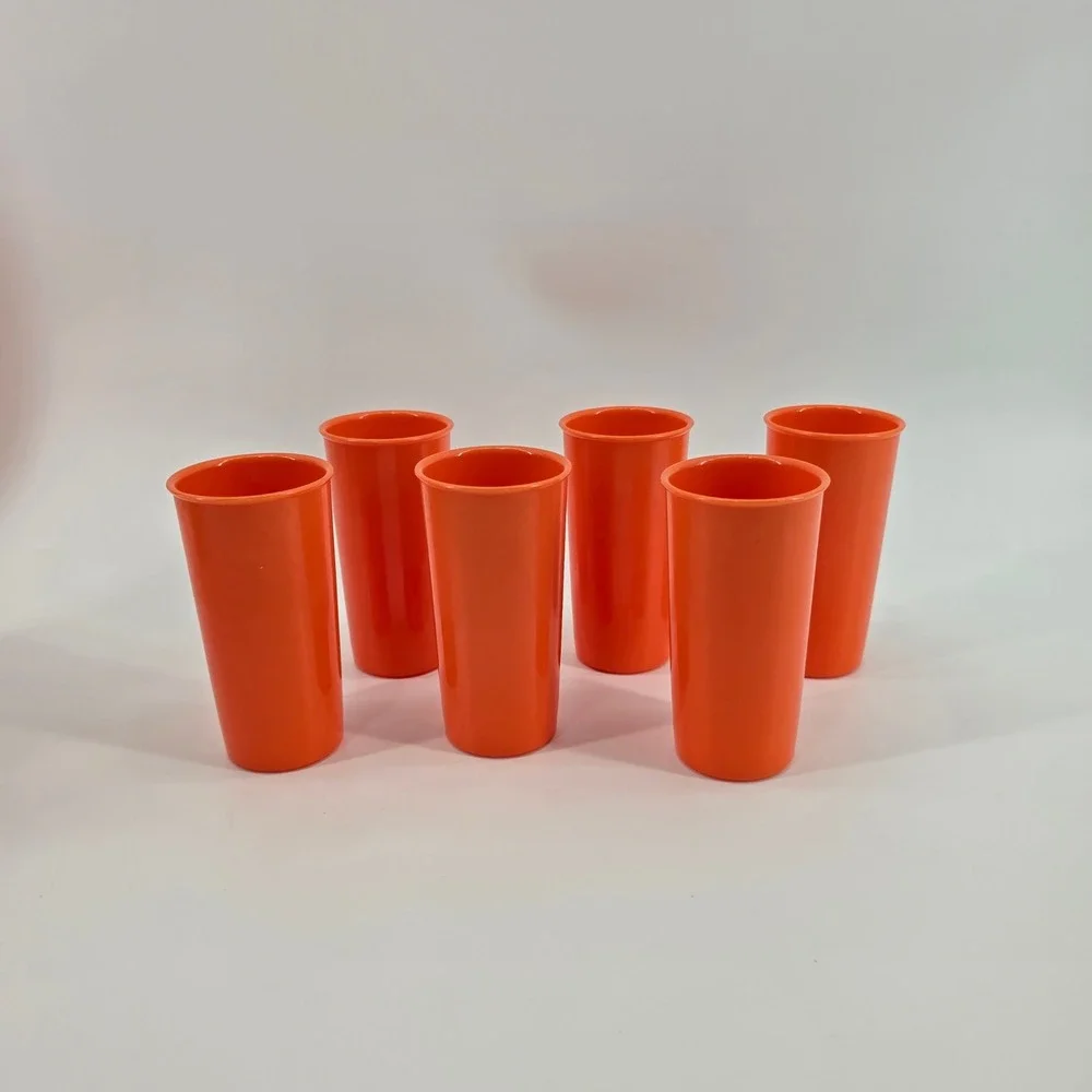 Vintage Tupperware 6pc Tumbler Set & 3pc Flip Top Beverage Holder Set Orange